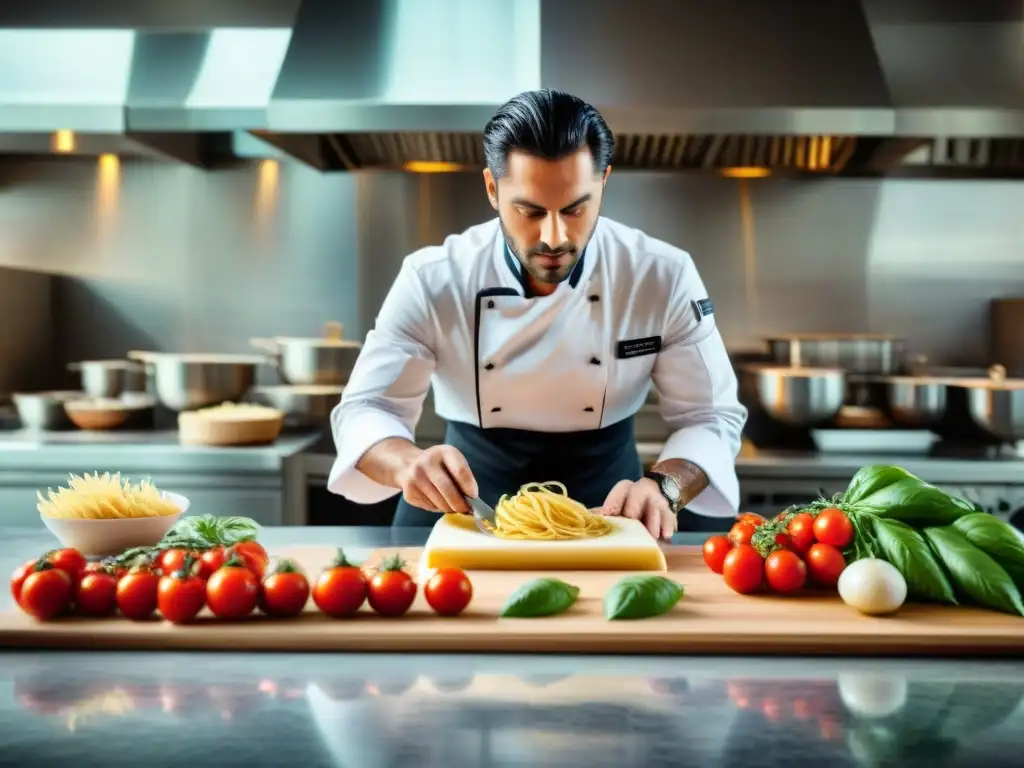 Un chef profesional en una cocina italiana moderna preparando una comida rápida italiana saludable con ingredientes frescos y coloridos