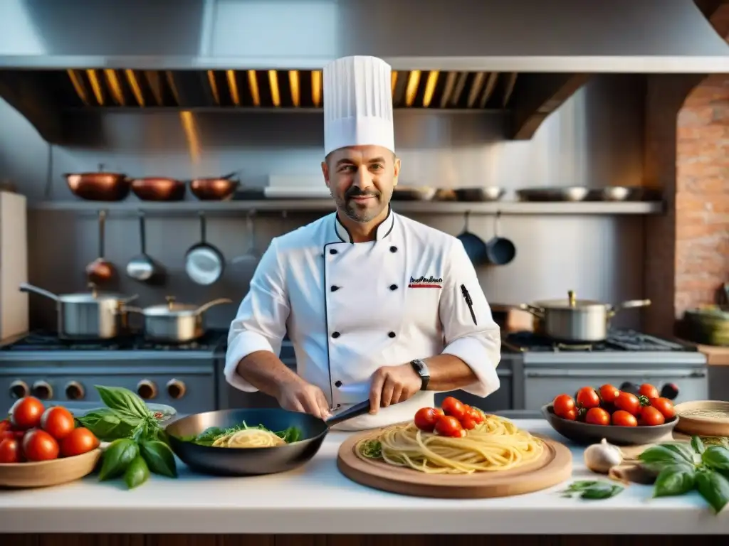 Un chef profesional en una cocina italiana tradicional preparando platos auténticos rodeado de ingredientes frescos