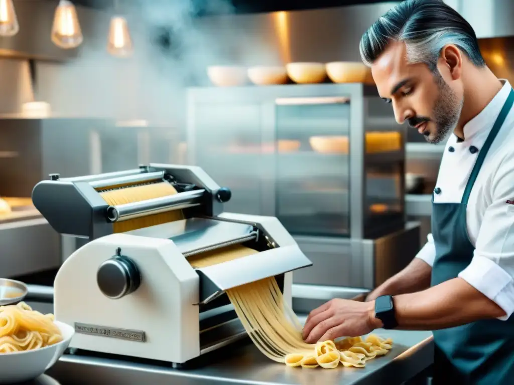 Un chef profesional usando una Máquina para pasta italiana revolucionaria en una cocina moderna y elegante