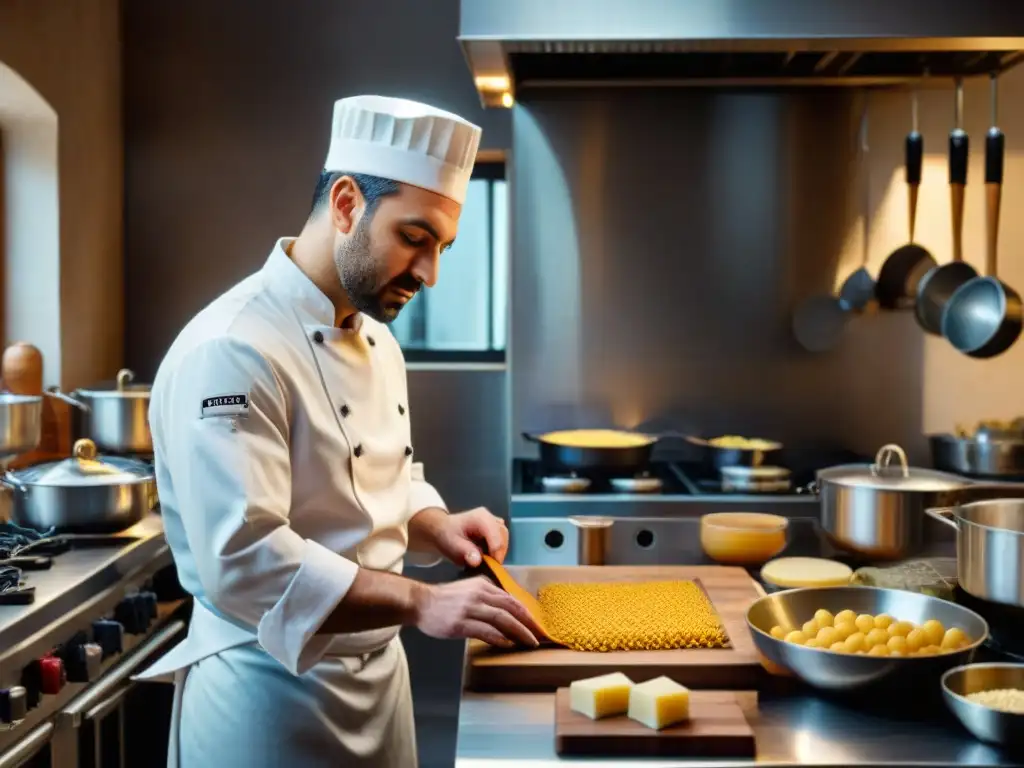 Un chef profesional elaborando pasta a mano en una cocina italiana tradicional con utensilios especiales