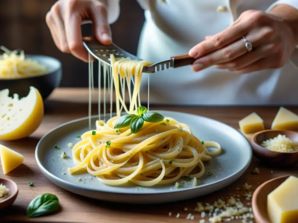 Un chef rallando queso Pecorino Romano fresco sobre pasta carbonara caliente