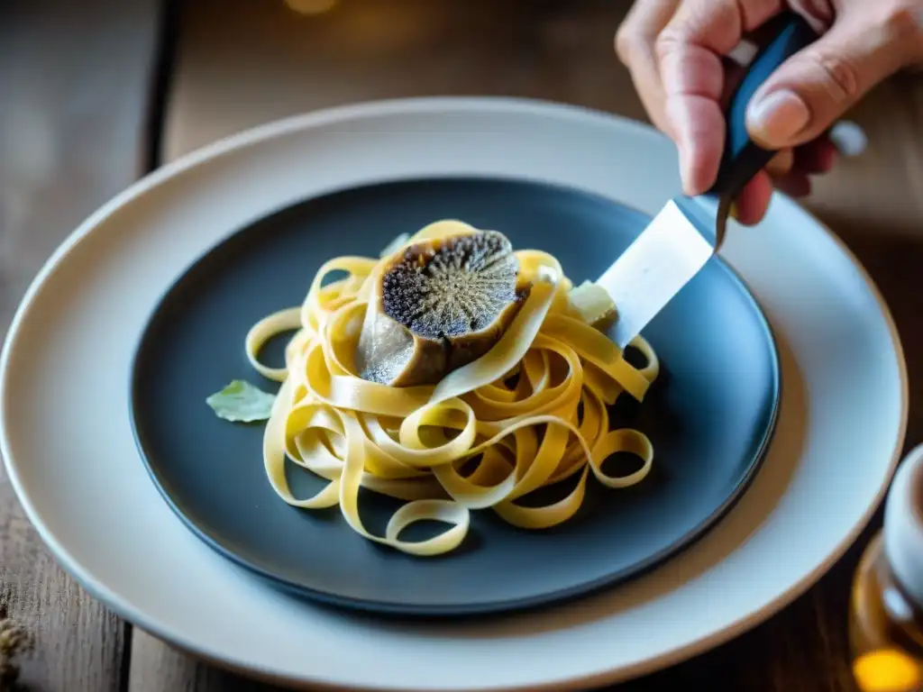 Un chef delicadamente rallando una rara y exquisita trufa blanca sobre tagliatelle casera en una cocina italiana rústica, con detalles intrincados y aroma terroso de las trufas en el aire