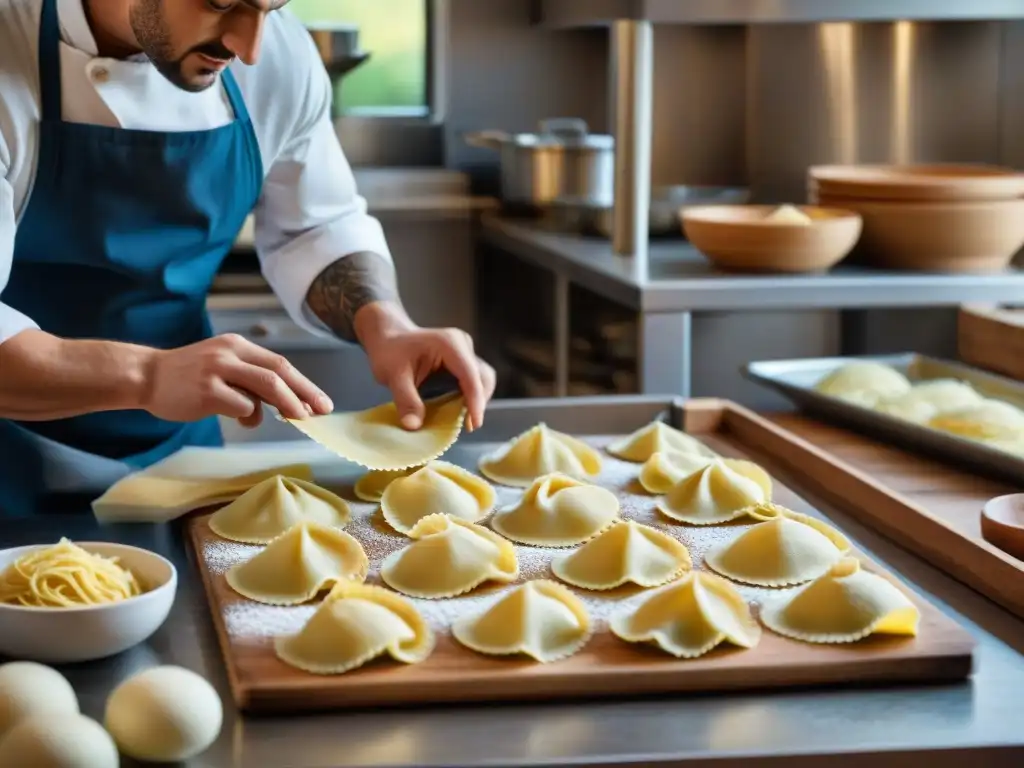 Un chef prepara y conserva raviolis frescos en una cocina italiana tradicional