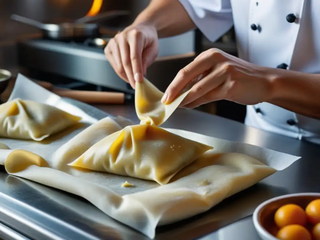 Un chef sellando raviolis frescos, mostrando la meticulosa conservación de la pasta