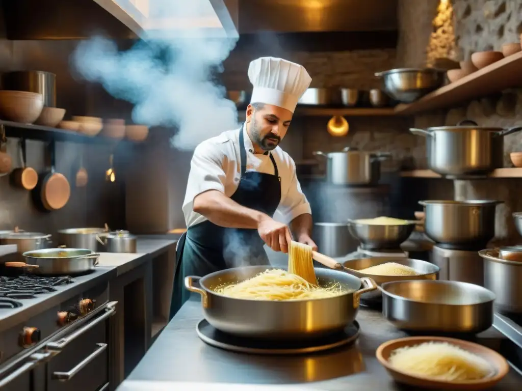 Chef preparando receta auténtica cacio e pepe en bulliciosa trattoria romana