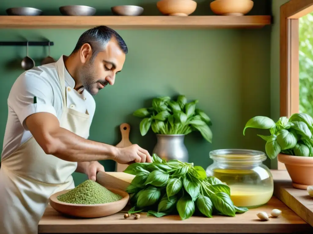 Un chef prepara una receta auténtica pesto genovés casero, mezclando ingredientes frescos en una cocina italiana tradicional