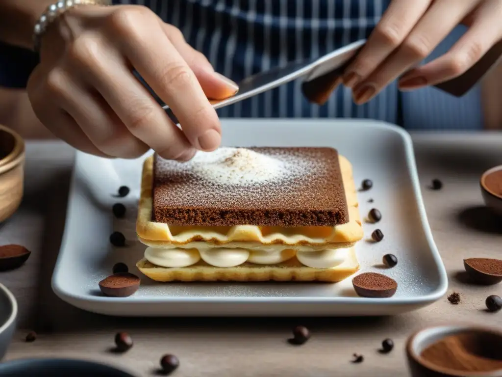 Un chef preparando una receta auténtica tiramisú italiano con precisión y arte, en una cocina rústica