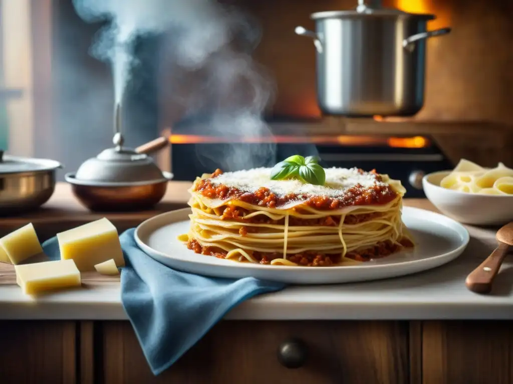 Deliciosa escena de cocina italiana con chef preparando lasaña casera Chef preparando una receta auténtica de lasaña italiana en una cocina rústica, con ingredientes premium y utensilios vintage