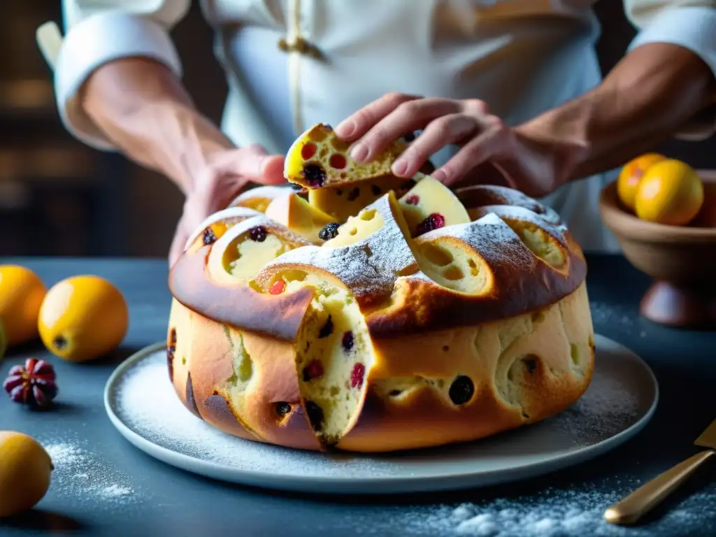 Chef preparando receta panettone casero fácil con frutas confitadas y pasas en masa dorada y esponjosa