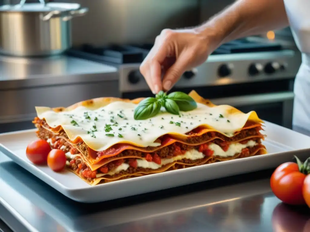 Un chef prepara una receta rápida de lasaña italiana con tomate, ricotta y carne en una cocina gourmet italiana bulliciosa