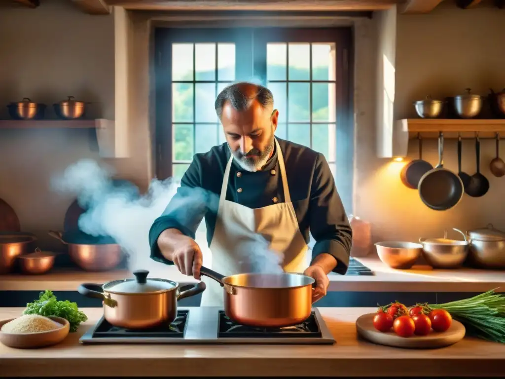 Chef preparando receta guiso cordero marchigiana tradicional en cocina rústica de Le Marche