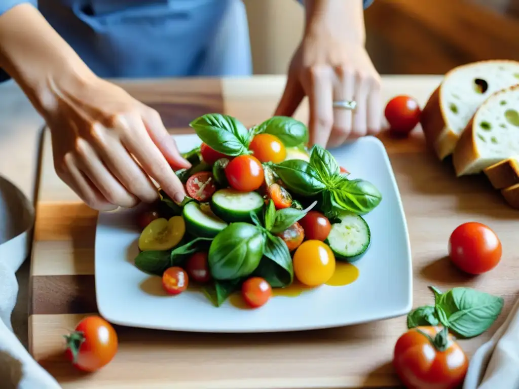 Un chef hábil prepara una receta tradicional panzanella italiana con tomates frescos, pepinos, albahaca y pan, sobre una tabla de madera rústica