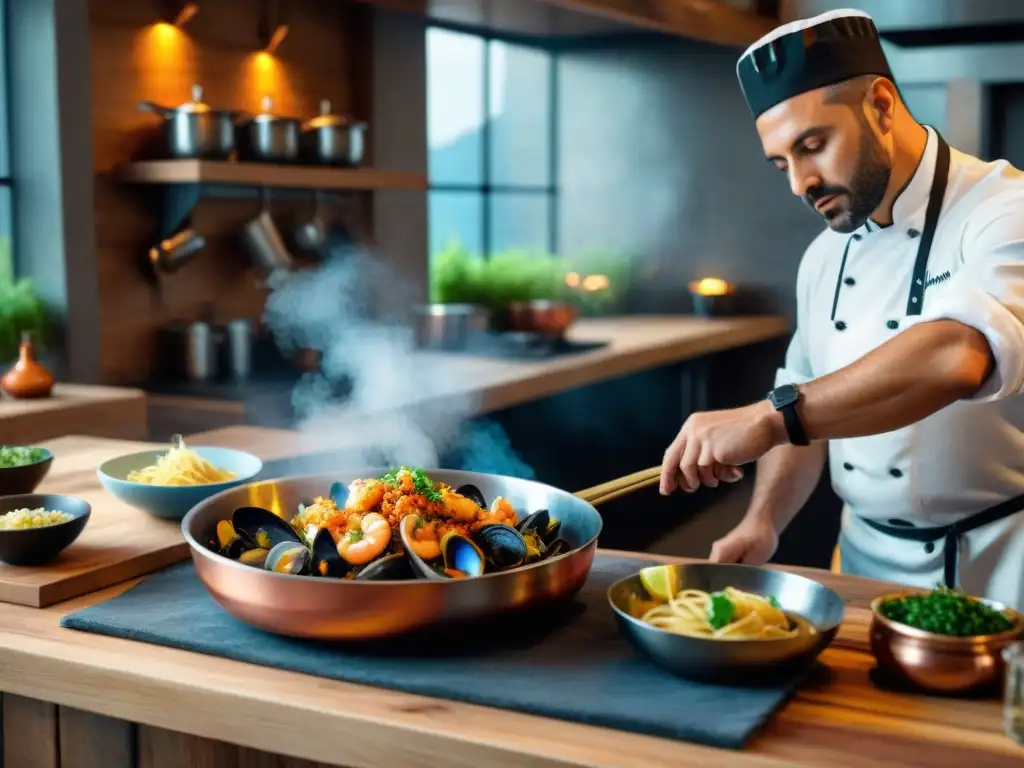 Un chef prepara una receta tradicional de Pasta con Mariscos en una cocina rústica italiana