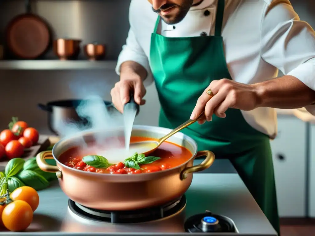 Un chef prepara una receta tradicional vellutata italiana cremosa en una cocina acogedora