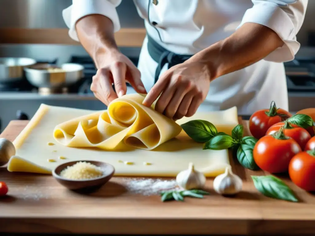 Un chef hábil actualizando recetas cocina italiana tradicionales, crea pasta fresca rodeado de ingredientes vibrantes