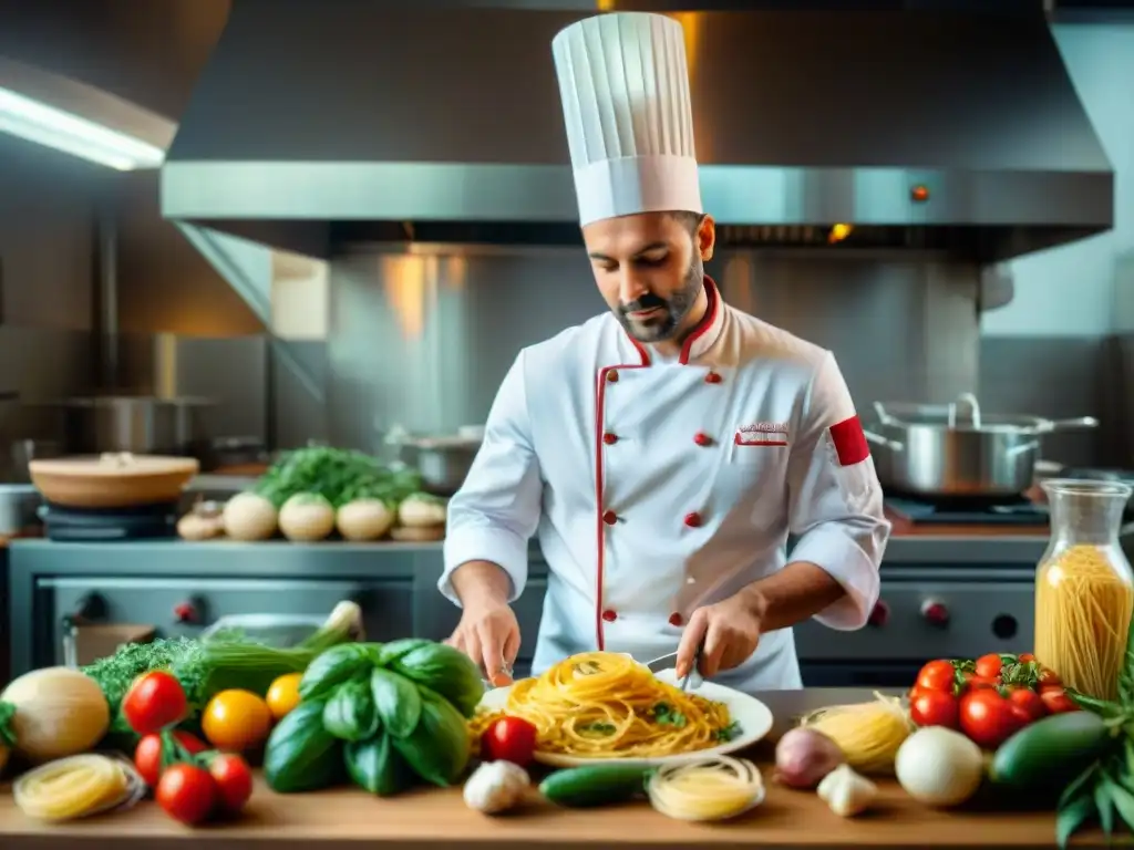 Un chef creando recetas italianas sin desperdicios en una cocina bulliciosa y llena de color