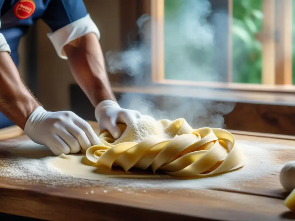 Un chef reconocido enrollando pasta fresca a mano en una superficie de madera, en una escena que captura la esencia de la gastronomía italiana