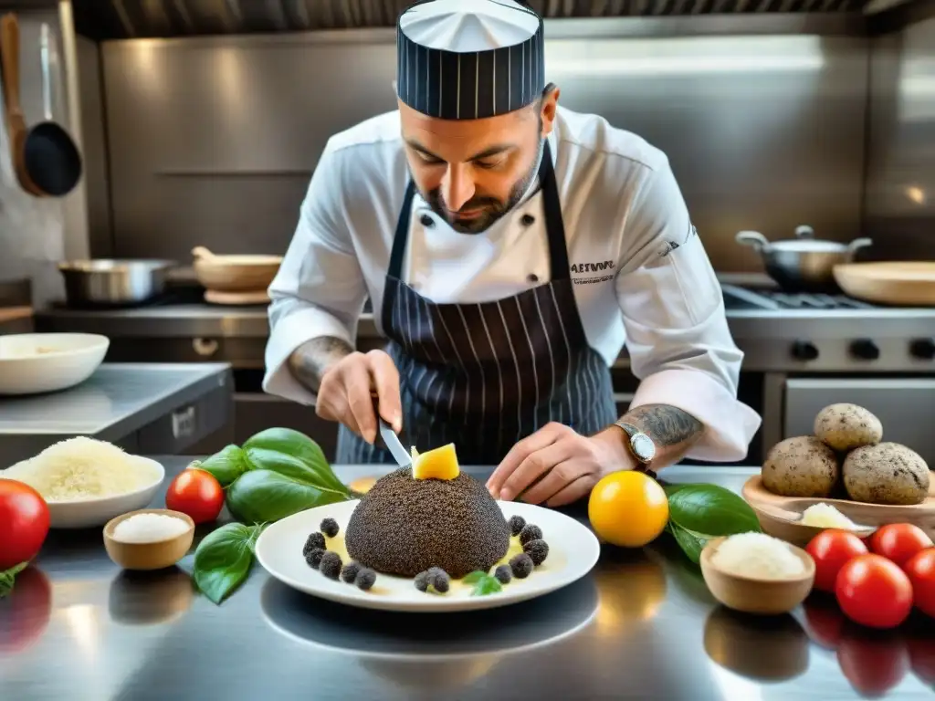 Un chef renombrado en Umbria, Italia, concentradamente rallando una trufa negra sobre un exquisito plato