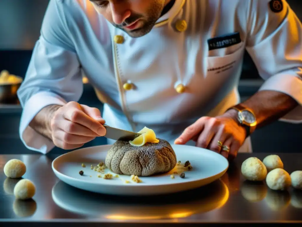 Un chef renombrado rallando finas láminas de preciada trufa blanca Alba sobre un plato exquisitamente presentado en una cocina sofisticada y tenue