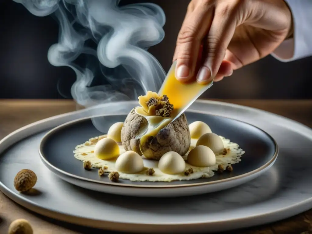 Un chef renombrado delicadamente cortando láminas de trufa blanca Alba sobre un exquisito plato, mostrando la alta cocina