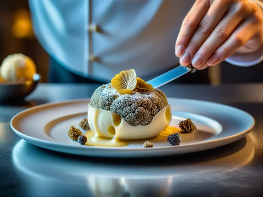 Un chef renombrado rallando trufa blanca Alba sobre un exquisito plato en elegante cocina de alta cocina