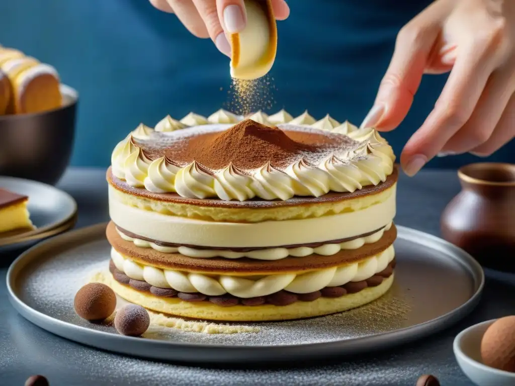 Un chef de repostería experto en una cocina tradicional italiana monta con destreza un tiramisú clásico