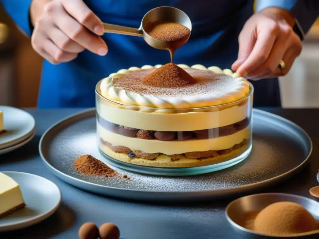 Un chef de repostería experto prepara un tiramisú con destreza