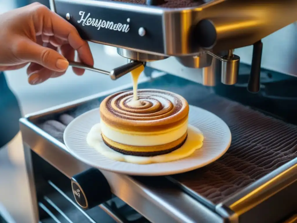 Un chef de repostería italiana pipetea crema de tiramisú sobre bizcochos de café, con una máquina de espresso al fondo