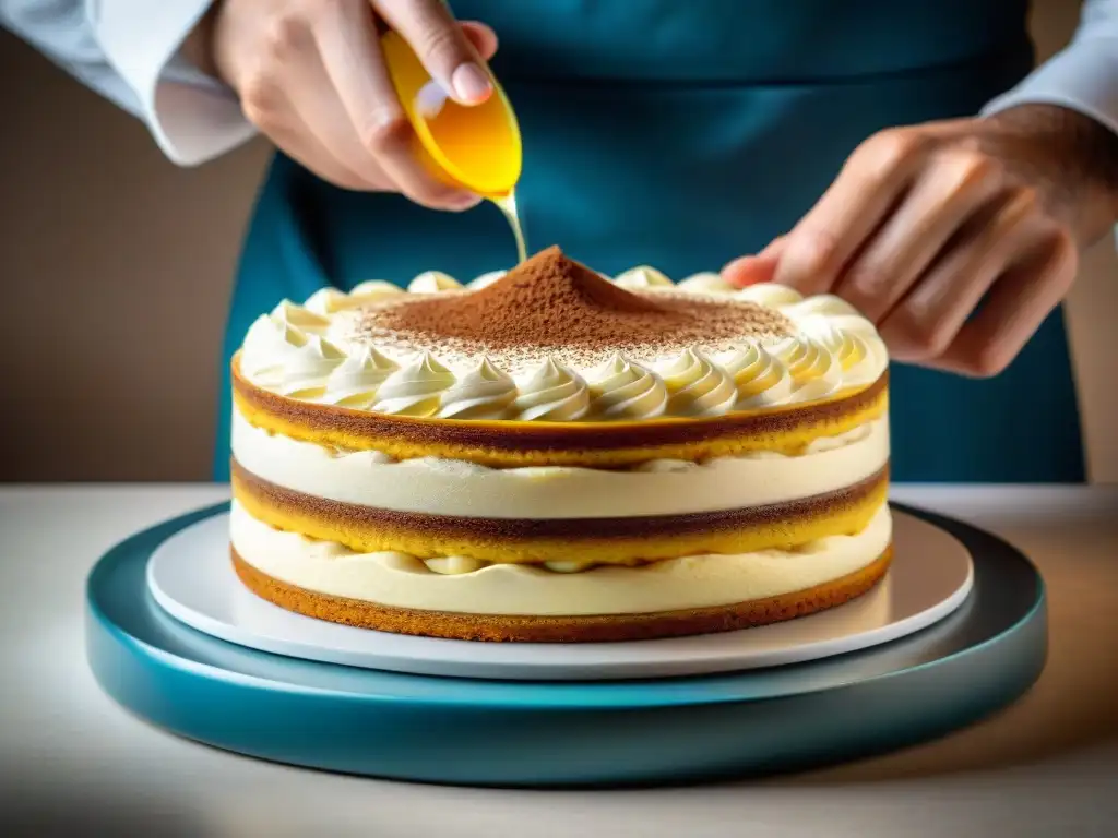 Un chef de repostería italiano experto decora con precisión un tiramisú sin gluten, mostrando la artesanía de postres italianos sin gluten saludables