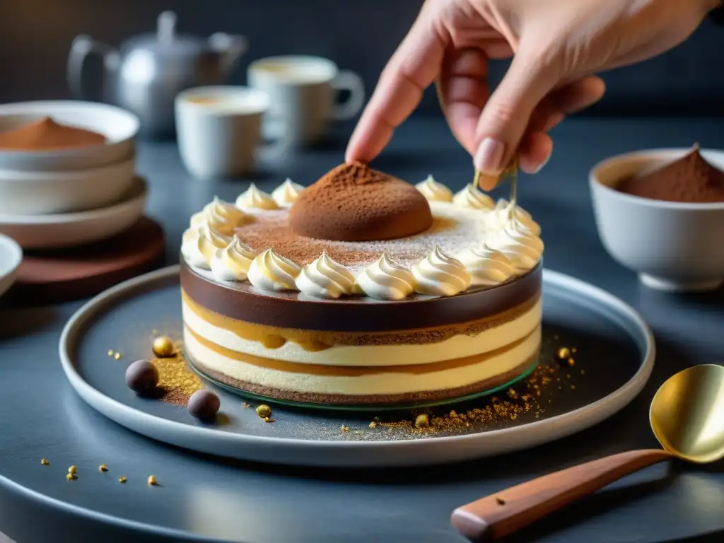 Un chef de repostería italiano crea un tiramisú innovador con hojas de oro comestibles en una cocina rústica, iluminada por el sol