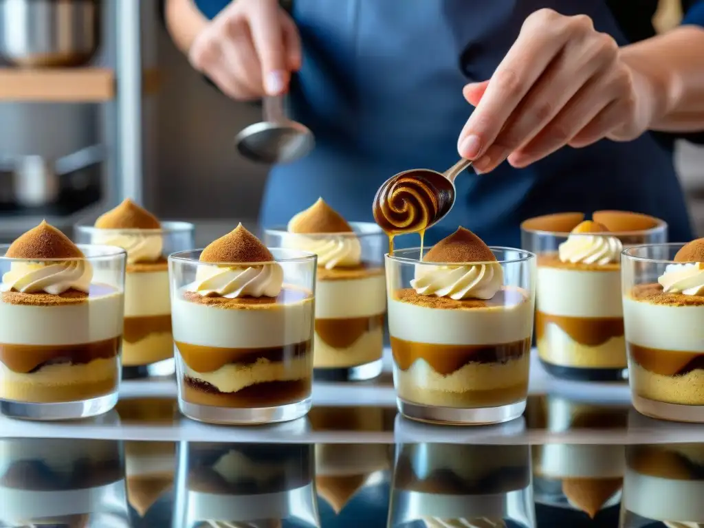 Un chef de repostería profesional crea postres italianos sin gluten saludables con destreza, llenando vasos con tiramisú