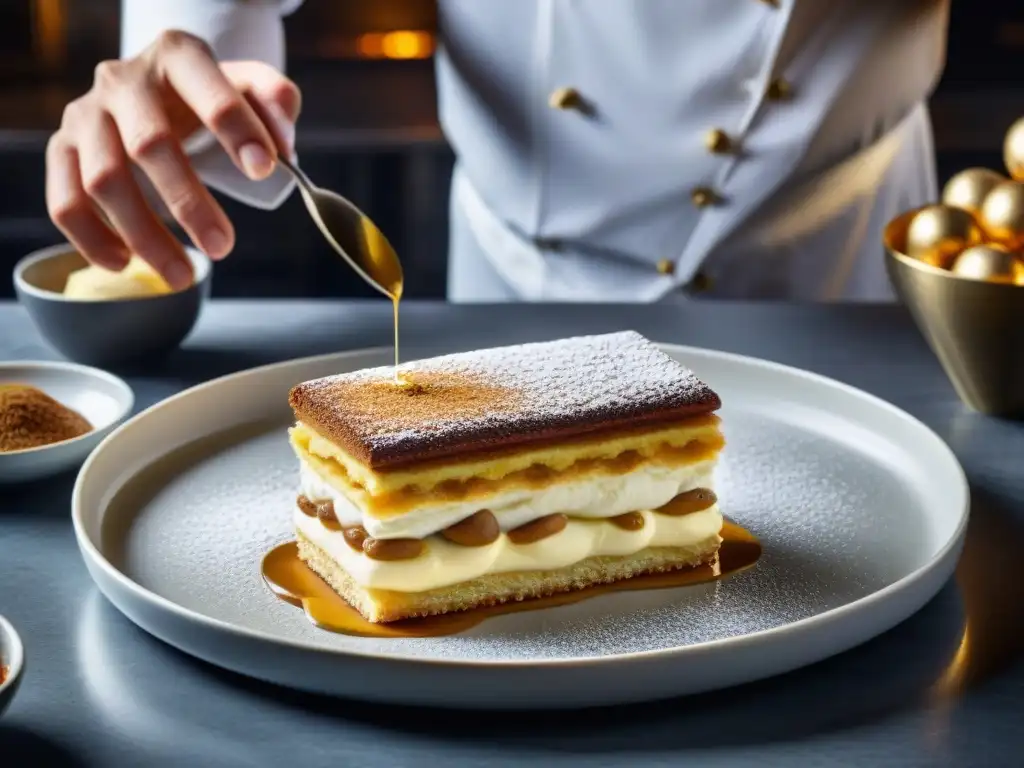 Un chef repostero experto preparando un exquisito tiramisú en una cocina moderna, destacando la precisión y arte culinario