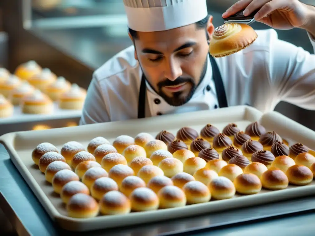 Un chef repostero italiano experto en detalle decorando repostería tradicional