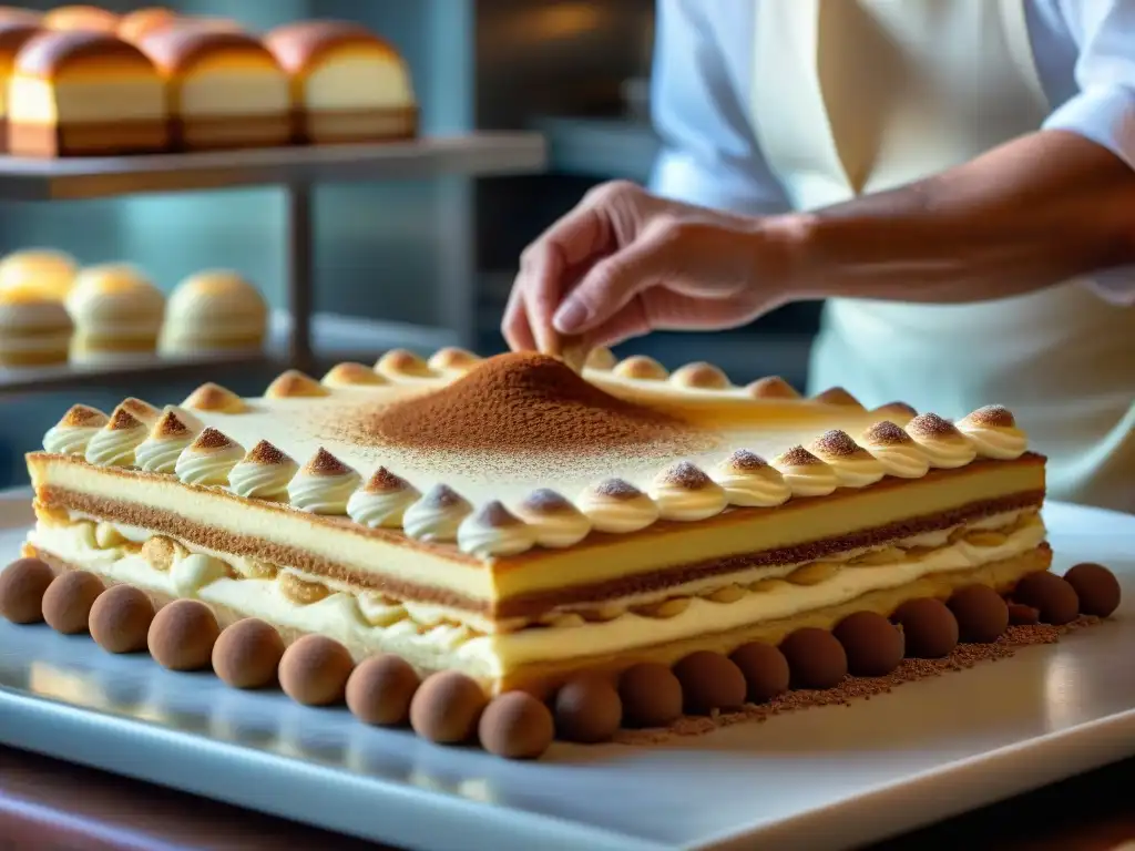 Un chef repostero italiano experto decorando tiramisú, resaltando la precisión y arte de la repostería italiana tradicional