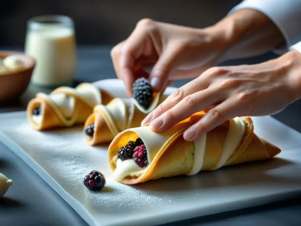 Un chef repostero italiano influencia postres italianos repostería global llenando cannoli con ricota cremosa