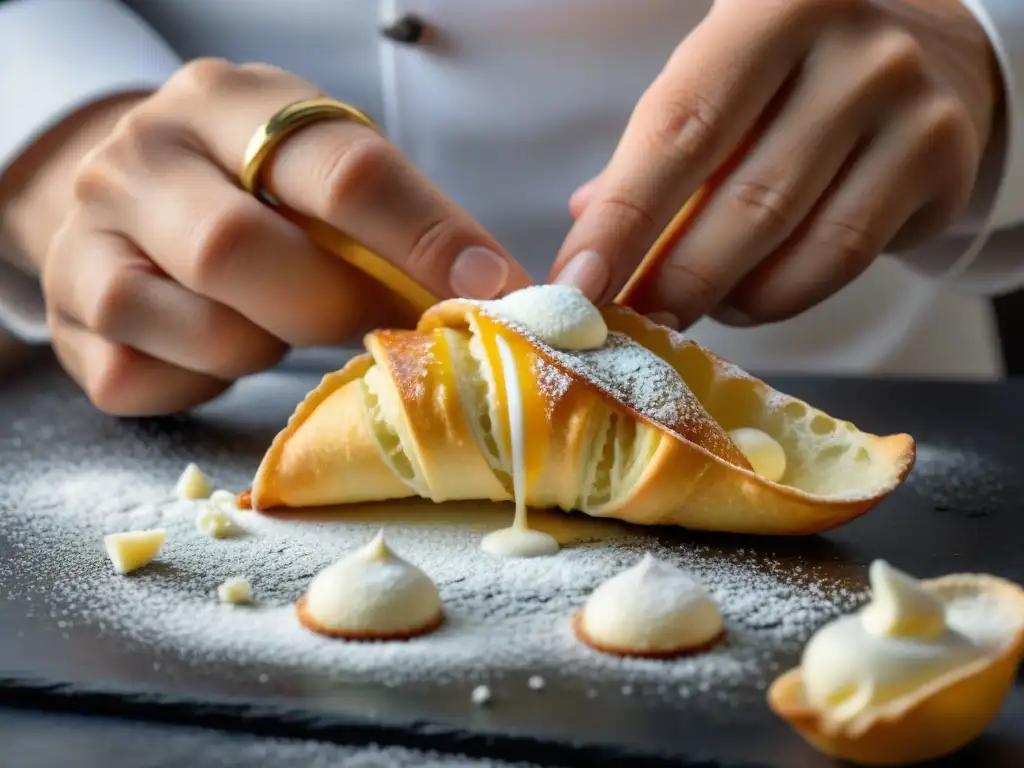 Un chef repostero rellena con destreza cannoli sicilianos recién horneados