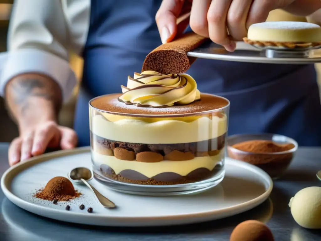 Un chef repostero crea un tiramisú con elegancia en una pastelería italiana moderna