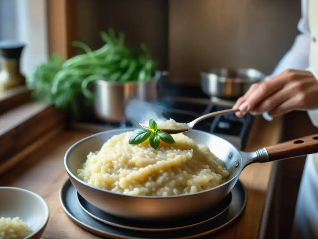 Un chef prepara risotto con pasión en una cocina tradicional italiana