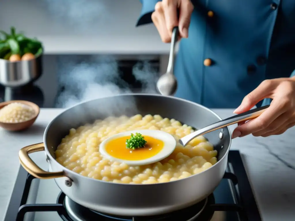 Un chef removiendo con maestría un risotto cremoso en una cocina minimalista, mostrando innovaciones en recetas de risotto