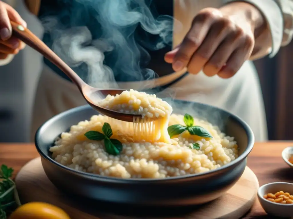 Chef preparando risotto cremoso en cocina italiana, destacando el proceso detallado