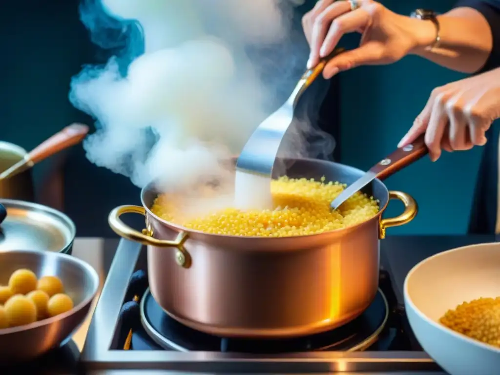 Chef removiendo risotto dorado en olla de cobre, en cocina italiana