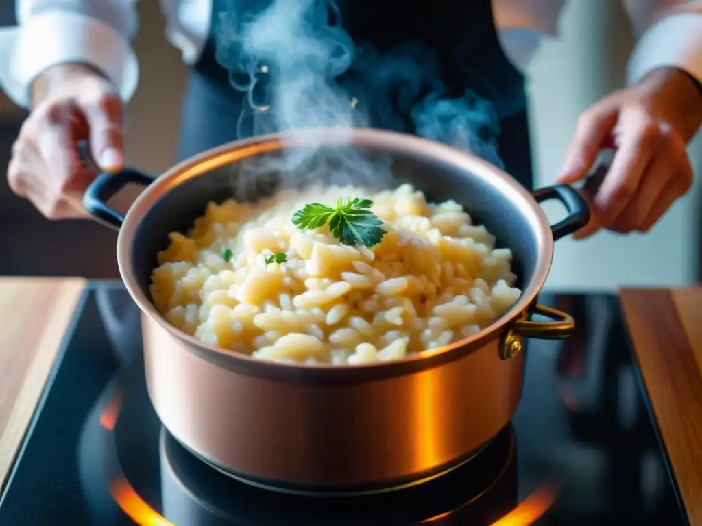 Chef preparando risotto de azafrán en olla de cobre Chef preparando risotto italiano con azafrán en olla de cobre sobre estufa a gas