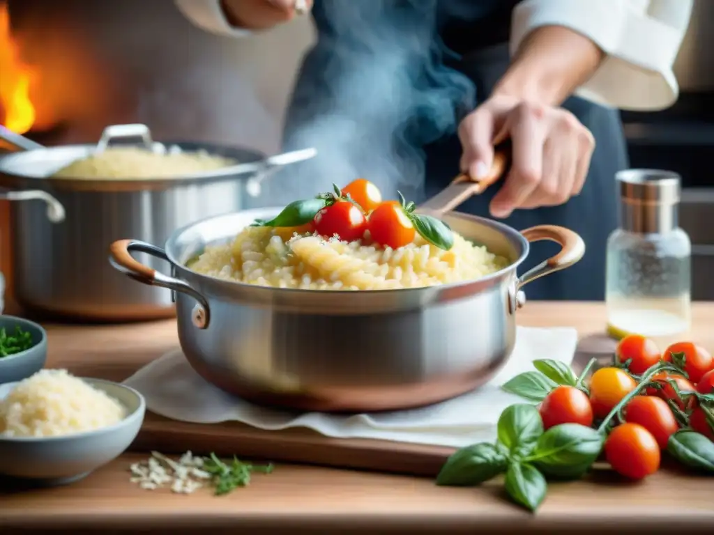 Chef italiano preparando risotto: velocidad y precisión en la cocina Un chef remueve rápidamente un risotto italiano en un bullicioso escenario de cocina, reflejando su habilidad y pasión culinaria