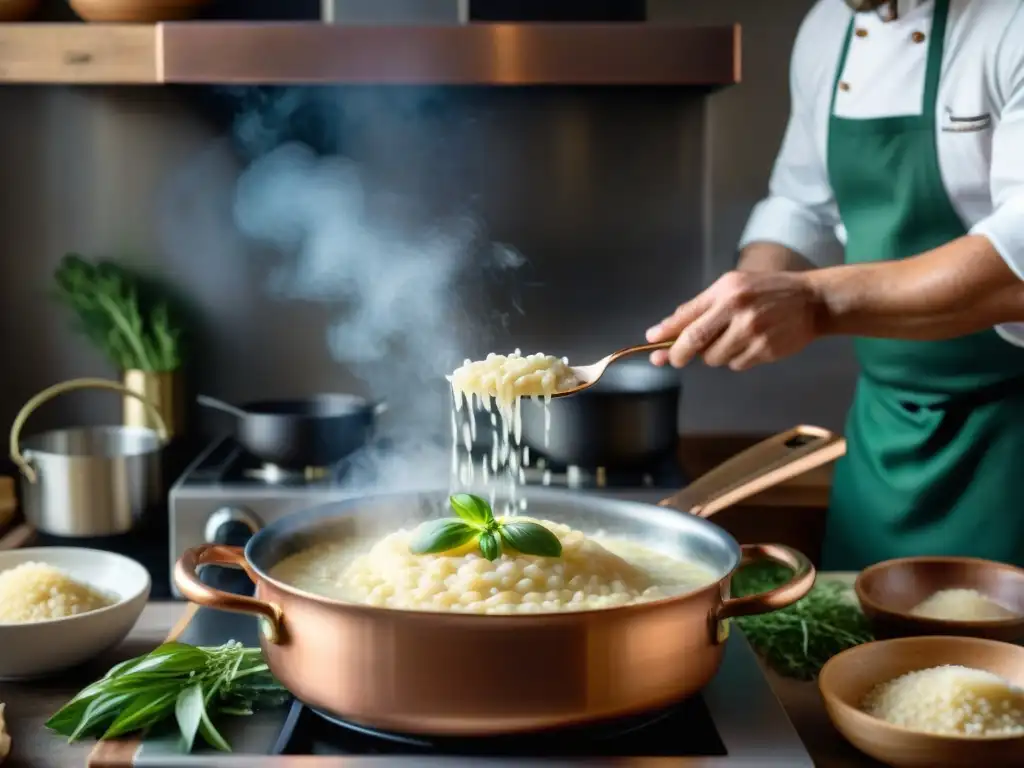 Chef preparando risotto: arte culinario italiano Chef preparando risotto italiano en olla de cobre sobre estufa a gas