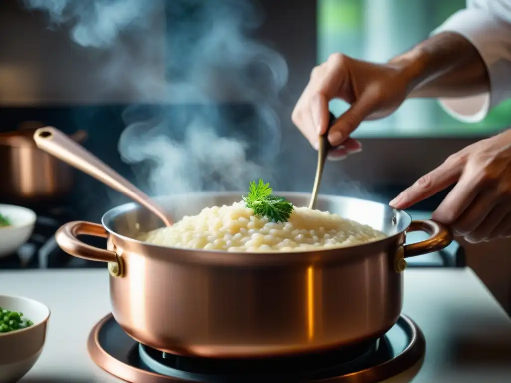 Chef preparando risotto paso a paso en olla de cobre, con vapor y textura cremosa en cocina animada