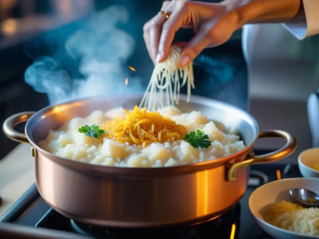 Chef preparando risotto paso a paso en olla de cobre, con sazón de azafrán y queso Parmesano, en una escena de concentración y dedicación