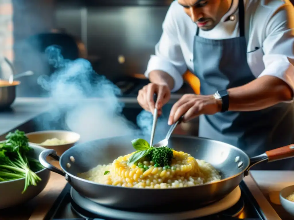 Un chef preparando risotto vegano en una cocina italiana tradicional