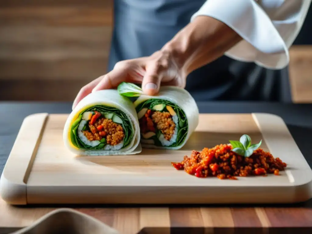 Un chef enrolla expertamente un rollo de kimchi italiano, destacando colores y texturas, con tabla de corte rústica al fondo