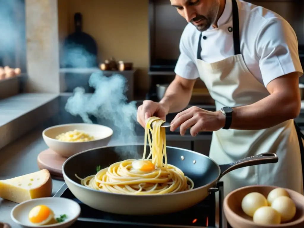 Un chef romano experto preparando la auténtica Carbonara en una bulliciosa cocina tradicional romana