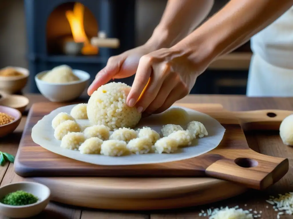 Un chef romano experto en la receta Supplì al Teléfono moldea bolas de arroz rellenas de mozzarella en una cocina tradicional romana